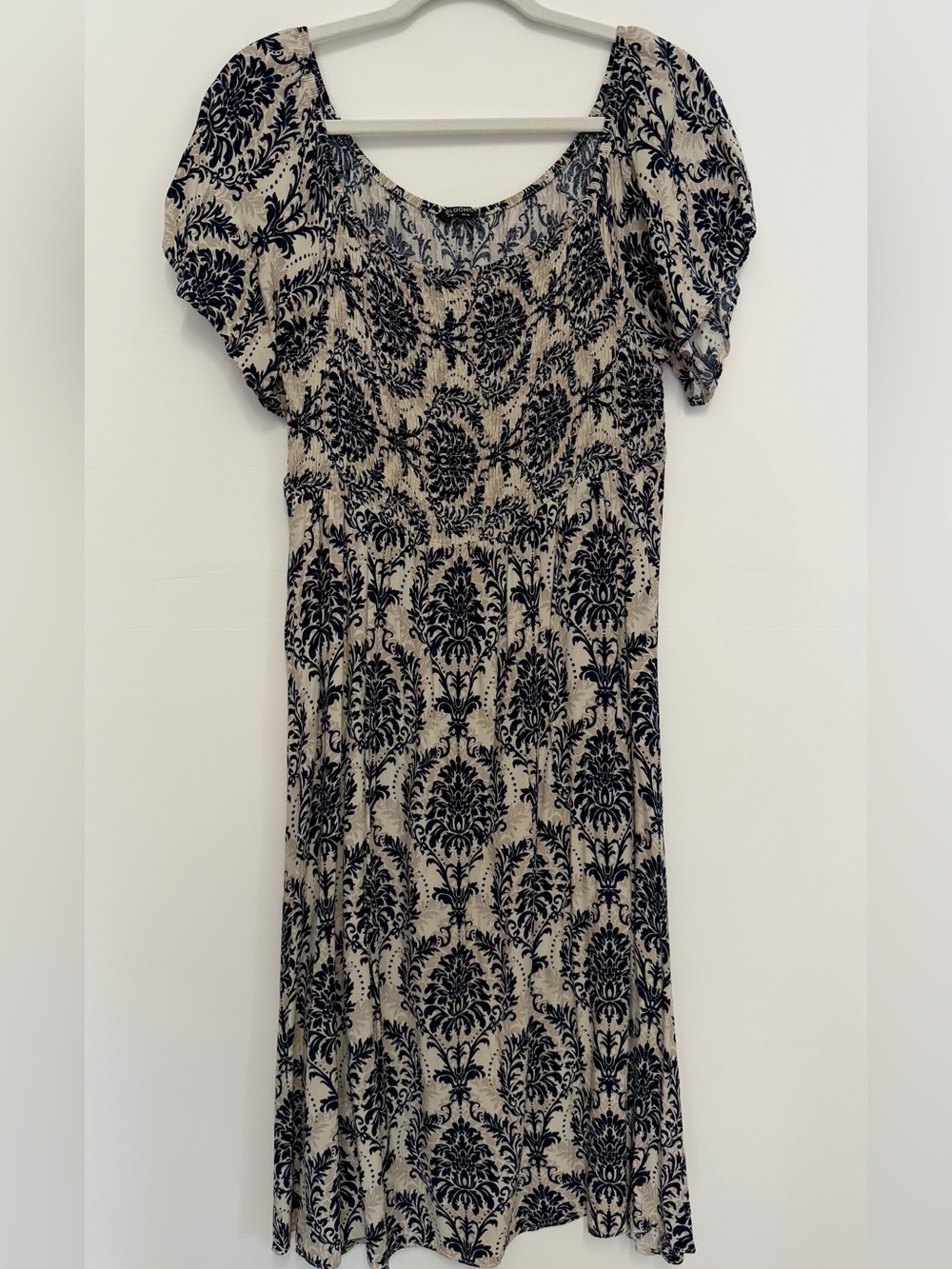 BloomChic Beige Maxi Dress with Black Damask Print